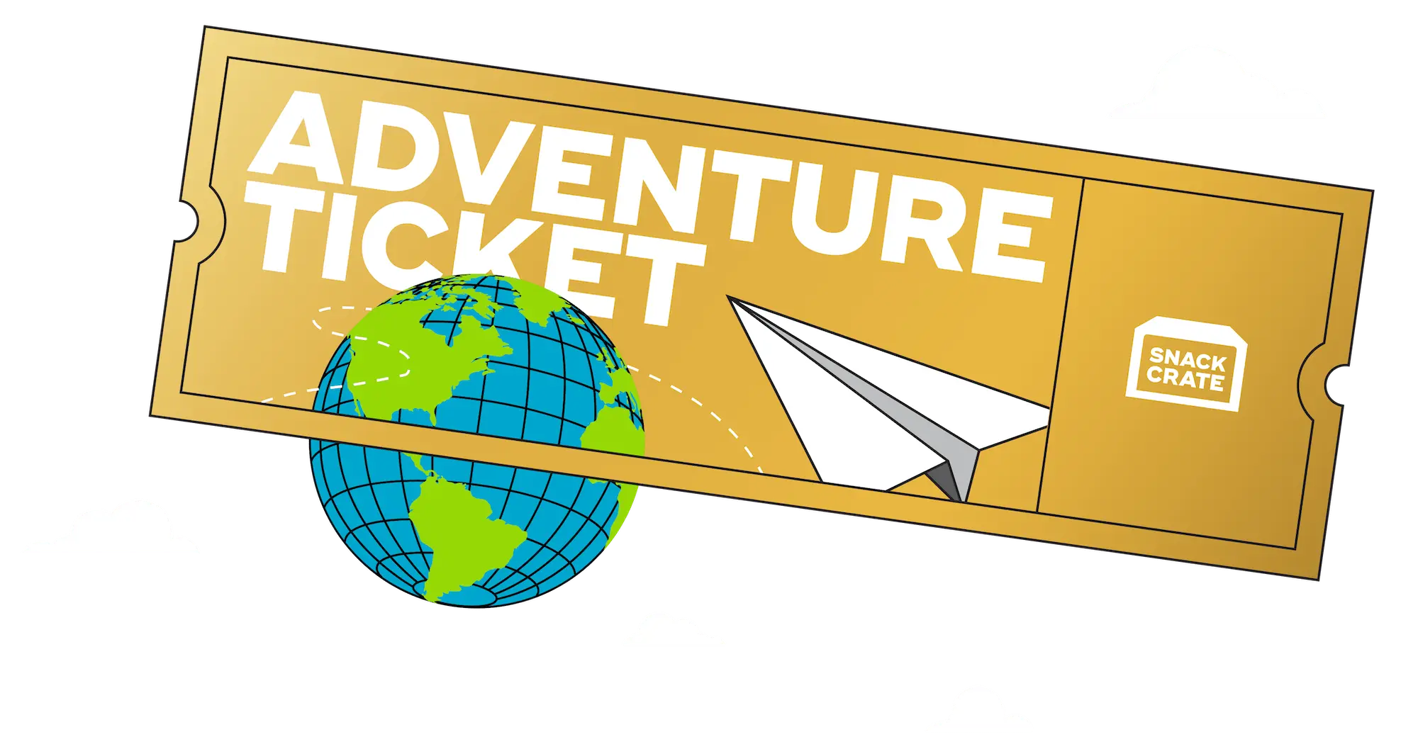 A golden SnackCrate Adventure Ticket surrounded by white clouds and a paper airplane circling around a globe.